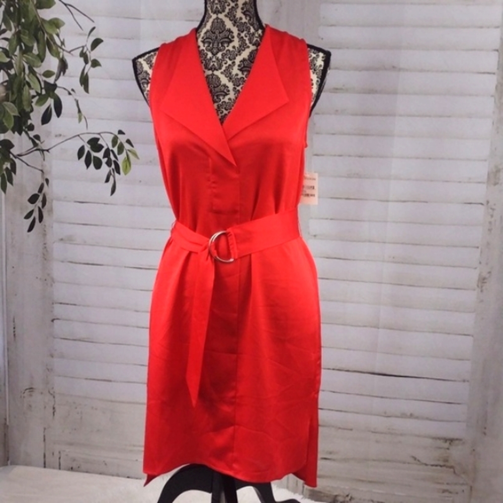 Nordstrom Trouve Orange Red Satin Sleeveless Belted Dress, Size S